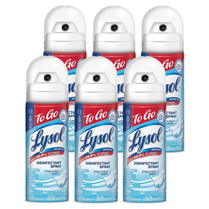 Six cans of Lysol Disinfectant Spray, labeled 'To Go' with Crisp Linen scent, are shown.