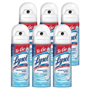 Six cans of Lysol Disinfectant Spray, labeled 'To Go' with Crisp Linen scent, are shown.