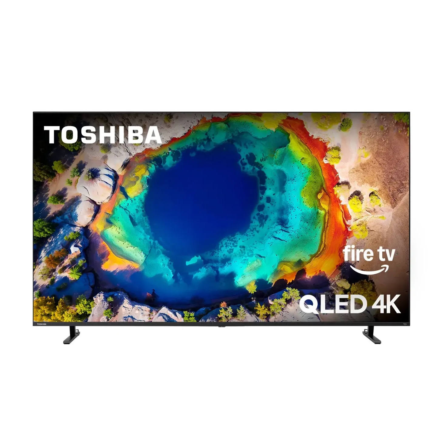 Toshiba 65\“ Smart Fire TV features QLED 4K resolution and integrated Fire TV for streaming. The display shows a vibrant, colorful aerial view of a natural scene.
