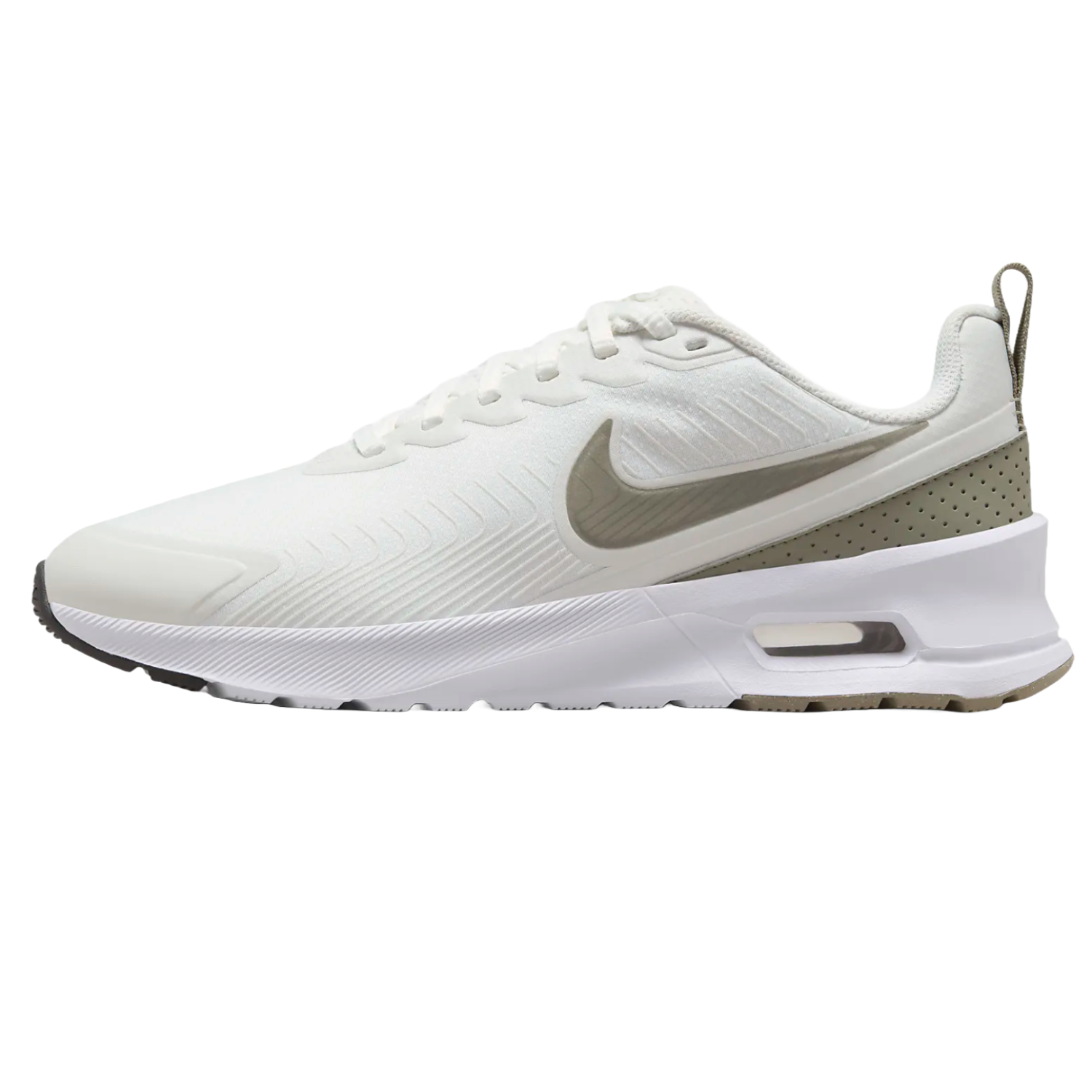 Nike Air Max Nuaxis shoes feature a sleek white design with a light olive accent, visible Air Max unit, and a perforated heel for ventilation, offering a modern, sporty look with enhanced comfort.