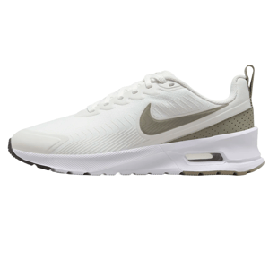 Nike Air Max Nuaxis shoes feature a sleek white design with a light olive accent, visible Air Max unit, and a perforated heel for ventilation, offering a modern, sporty look with enhanced comfort.