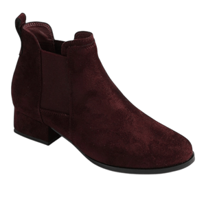 A maroon suede Chelsea boot with a low block heel and elastic side panels.
