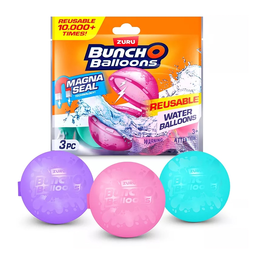 Zuru Bunch O Balloons reusable water balloons with Magna Seal technology, available in a three-pack with colors purple, pink, and blue. Designed for 10,000+ uses for ages 3 and up.