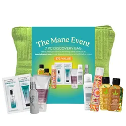A green textured bag labeled \“The Mane Event 7 PC Discovery Bag\“ contains various hair care products, including Joico, Goldwell, Hempz, and other brands, with a total value of $72.