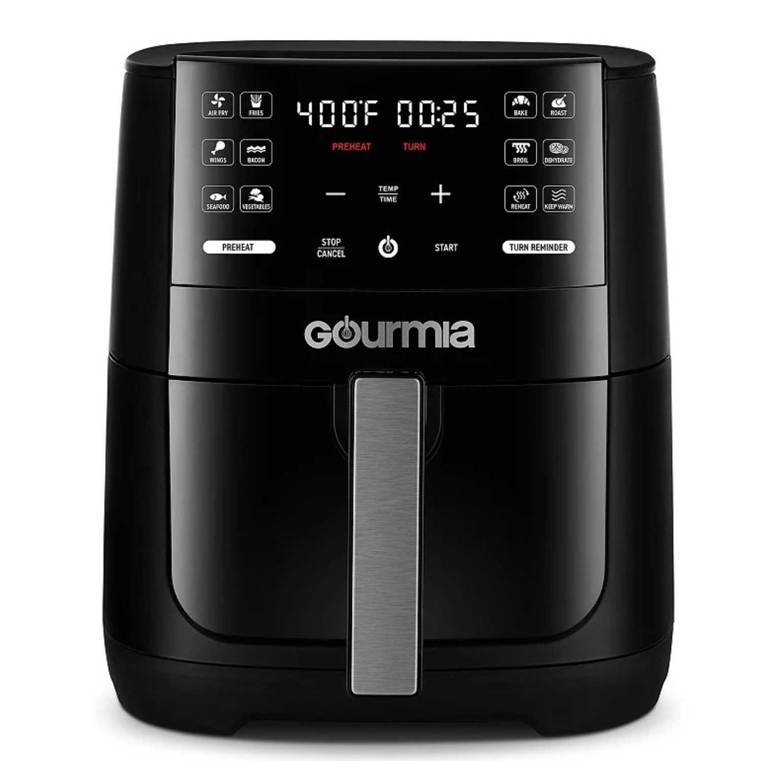 Gourmia 6-qt Air Fryer features a digital touchscreen for setting temperature and cooking time, with presets for frying, baking, broiling, and more. It has a sleek black design with a large handle.