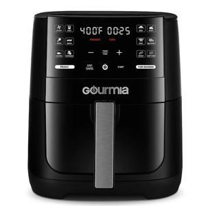 Gourmia 6-qt Air Fryer features a digital touchscreen for setting temperature and cooking time, with presets for frying, baking, broiling, and more. It has a sleek black design with a large handle.