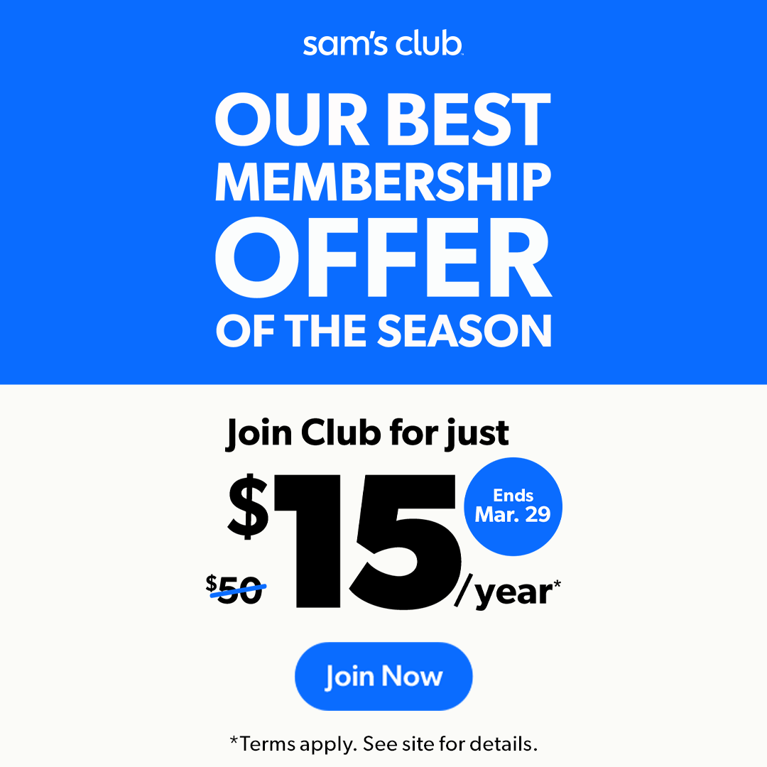 Sam's Club offers a membership for $15/year, reduced from $50, ending March 29. Terms apply.