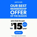 Sam's Club offers a membership for $15/year, reduced from $50, ending March 29. Terms apply.