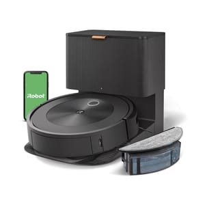 The Roomba J8 Enhanced + Dock is a robotic vacuum and mop system featuring a black design, a docking station, a detachable mop pad, and a water tank for mopping. It includes a smartphone app for remote control and scheduling.