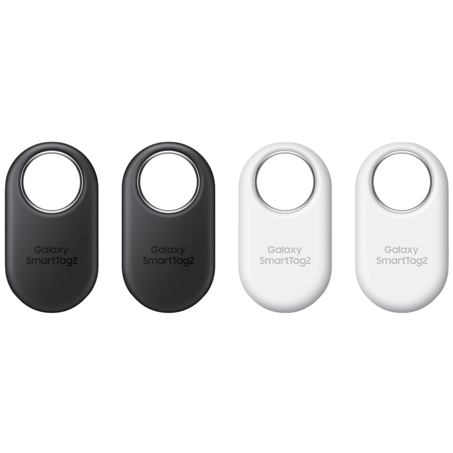 Galaxy SmartTag2 trackers in black and white, featuring a circular loop for attaching to items.
