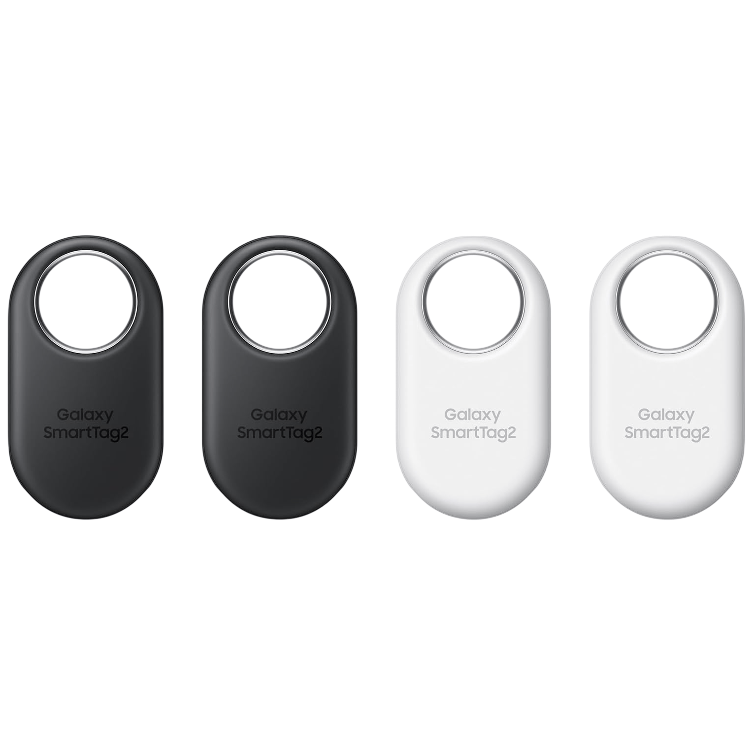 Galaxy SmartTag2 trackers in black and white, featuring a circular loop for attaching to items.