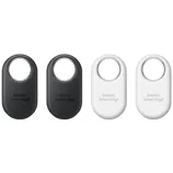Galaxy SmartTag2 trackers in black and white, featuring a circular loop for attaching to items.