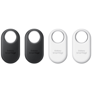 Galaxy SmartTag2 trackers in black and white, featuring a circular loop for attaching to items.