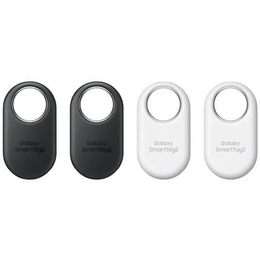 Galaxy SmartTag2 trackers in black and white, featuring a circular loop for attaching to items.