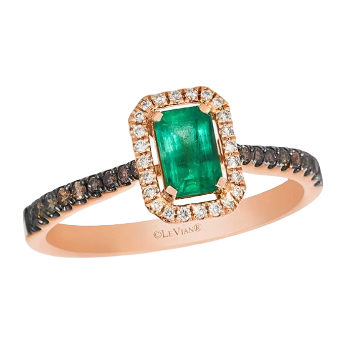 A Le Vian ring featuring an emerald-cut green stone framed by a halo of small white diamonds, set on a rose gold band with dark side stones.