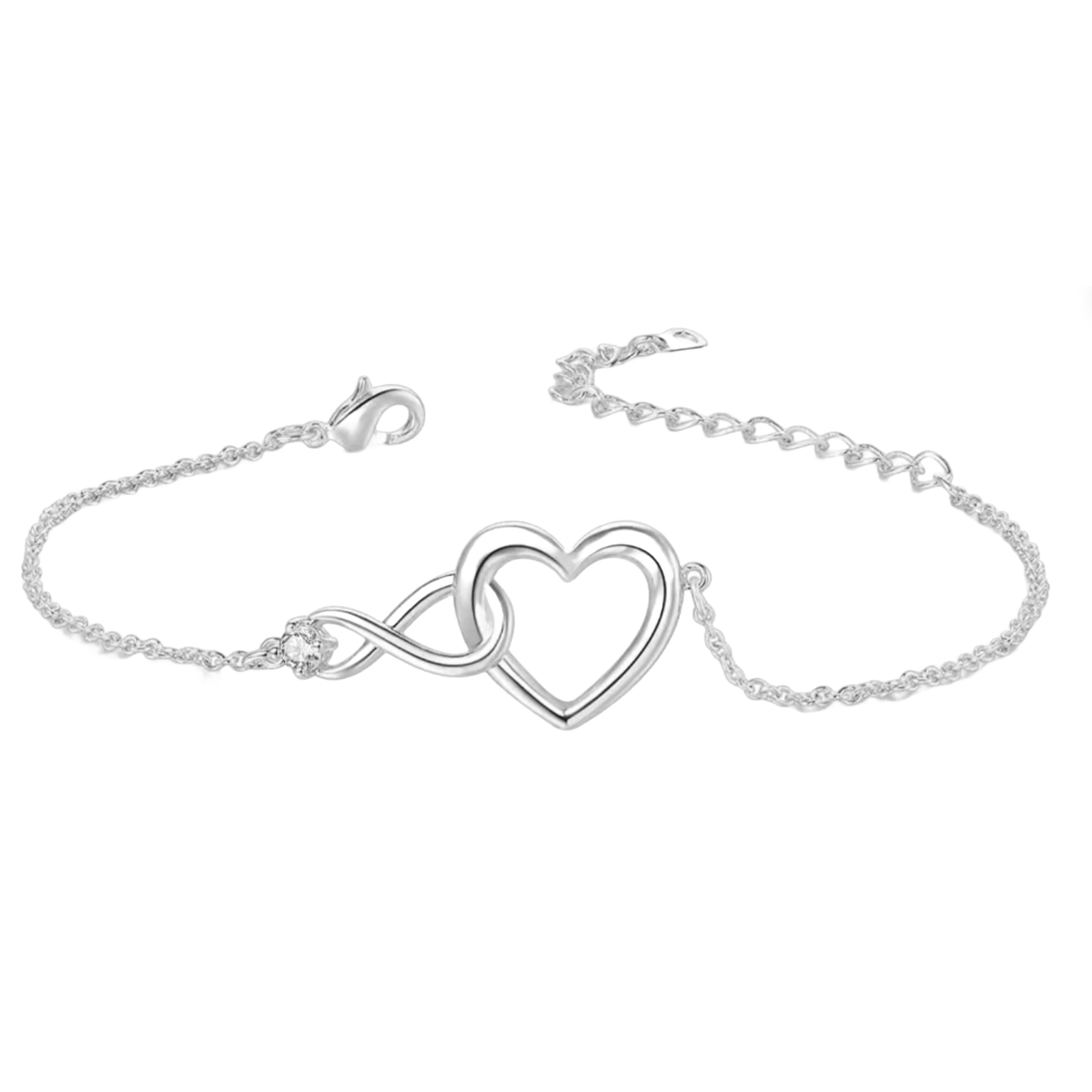 A delicate chain bracelet featuring a silver-tone heart intertwined with an infinity symbol, secured by a lobster clasp.