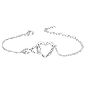 A delicate chain bracelet featuring a silver-tone heart intertwined with an infinity symbol, secured by a lobster clasp.