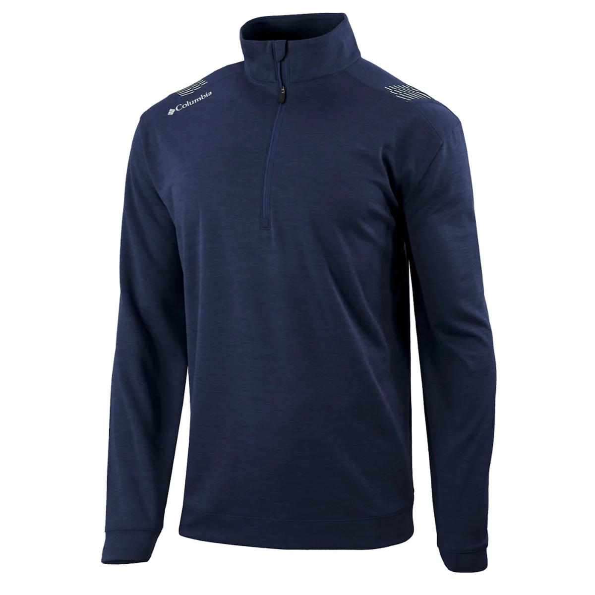A navy blue Columbia quarter-zip pullover with long sleeves and a stand-up collar, featuring small logo details on the shoulders.