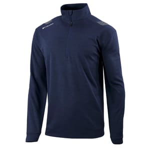 A navy blue Columbia quarter-zip pullover with long sleeves and a stand-up collar, featuring small logo details on the shoulders.