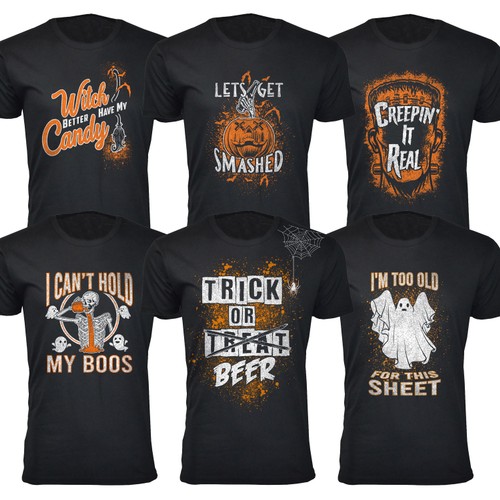 Six black T-shirts with Halloween-themed puns and graphics, such as pumpkins, ghosts, and beer references, in orange and white colors.