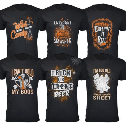 Six black T-shirts with Halloween-themed puns and graphics, such as pumpkins, ghosts, and beer references, in orange and white colors.