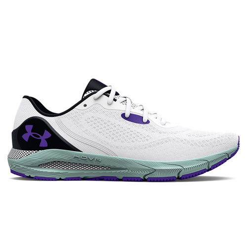 UA HOVR Sonic 5 Shoes are white athletic sneakers featuring a purple logo, black accents, and a green sole with cushioning designed for comfort and performance. Designed for running, they provide support and breathability.