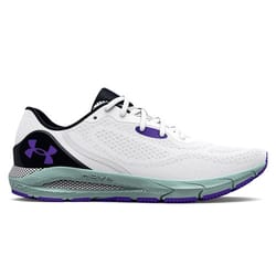 UA HOVR Sonic 5 Shoes are white athletic sneakers featuring a purple logo, black accents, and a green sole with cushioning designed for comfort and performance. Designed for running, they provide support and breathability.