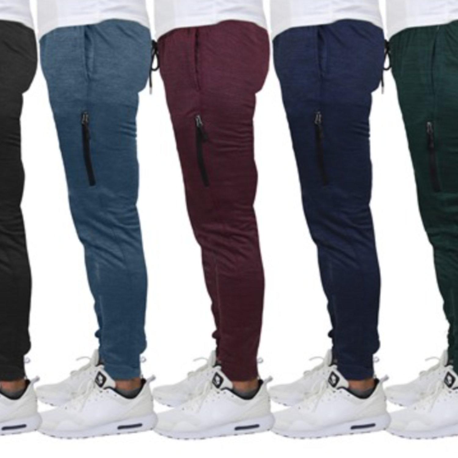 A set of three pairs of men's joggers in gray, blue, and maroon, featuring a drawstring waist, cuffed ankles, and side zippered pockets, paired with white sneakers.