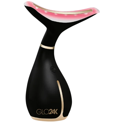 A black and gold facial massage device with LED light therapy, labeled \“GLO24K.\“