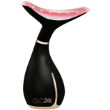 A black and gold facial massage device with LED light therapy, labeled \“GLO24K.\“