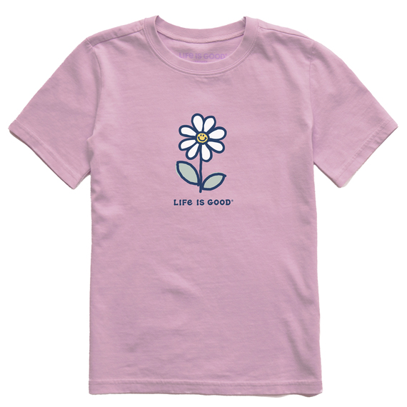 Pink short-sleeve tee featuring a smiling daisy graphic and the phrase \“Life is Good\“ beneath it.