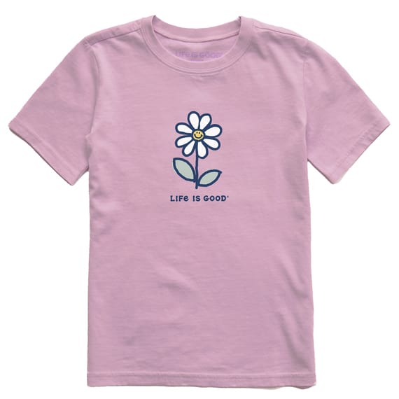 Pink short-sleeve tee featuring a smiling daisy graphic and the phrase \“Life is Good\“ beneath it.