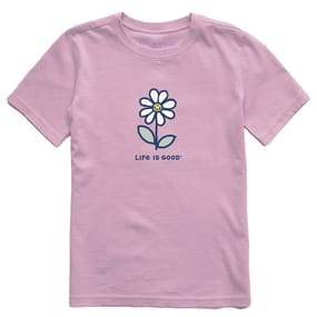 Pink short-sleeve tee featuring a smiling daisy graphic and the phrase \“Life is Good\“ beneath it.