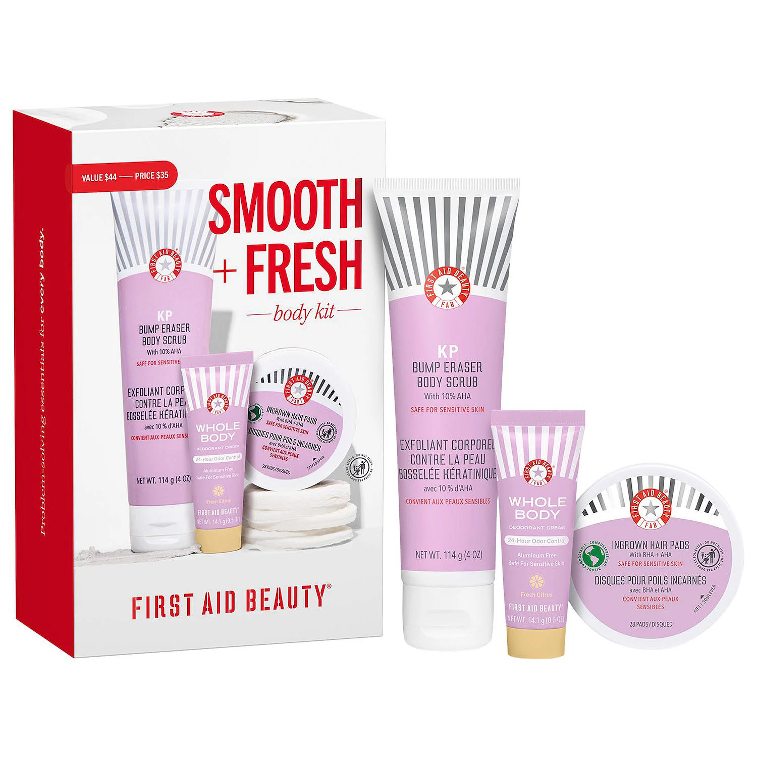 First Aid Beauty \“Smooth + Fresh\“ body kit includes KP Bump Eraser Body Scrub, Whole Body Deodorant Cream, and Ingrown Hair Pads.