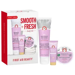 First Aid Beauty \“Smooth + Fresh\“ body kit includes KP Bump Eraser Body Scrub, Whole Body Deodorant Cream, and Ingrown Hair Pads.