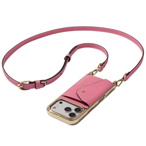 A pink crossbody phone case with gold accents, featuring a front pocket secured by a snap button.