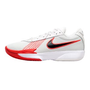 White and red athletic shoe with a black and red Nike swoosh, featuring a mesh upper and Zoom cushioning for enhanced performance.