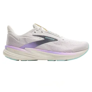 Brooks Revel 6 running shoe features a pastel design with a white upper, purple and teal accents, and a cushioned sole.