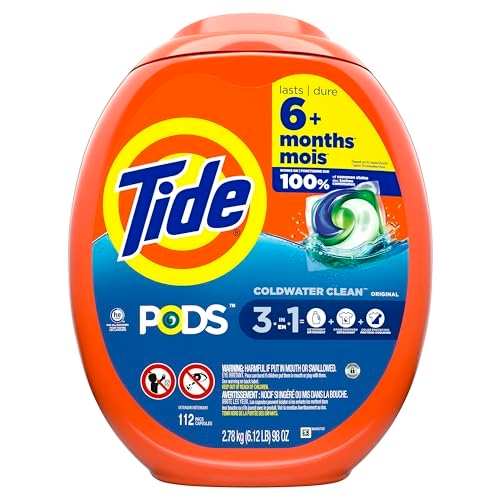 A 112-count package of Tide Pods featuring 3-in-1 Coldwater Clean technology in its classic orange and blue design.