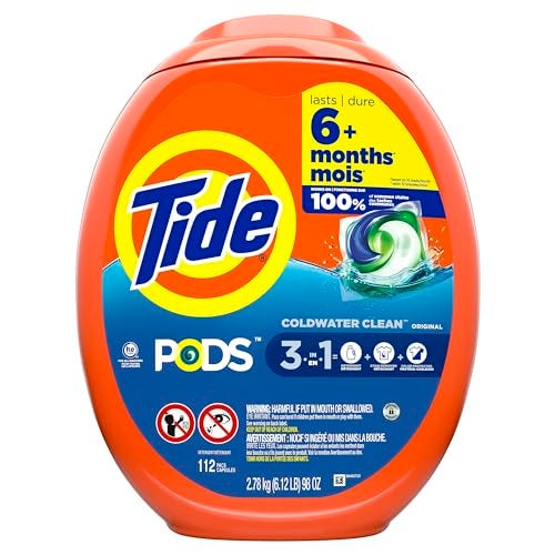 A 112-count package of Tide Pods featuring 3-in-1 Coldwater Clean technology in its classic orange and blue design.