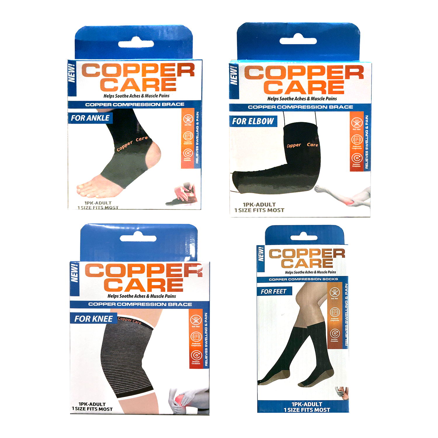 Four Copper Care brand compression supports for ankle, elbow, knee, and feet.