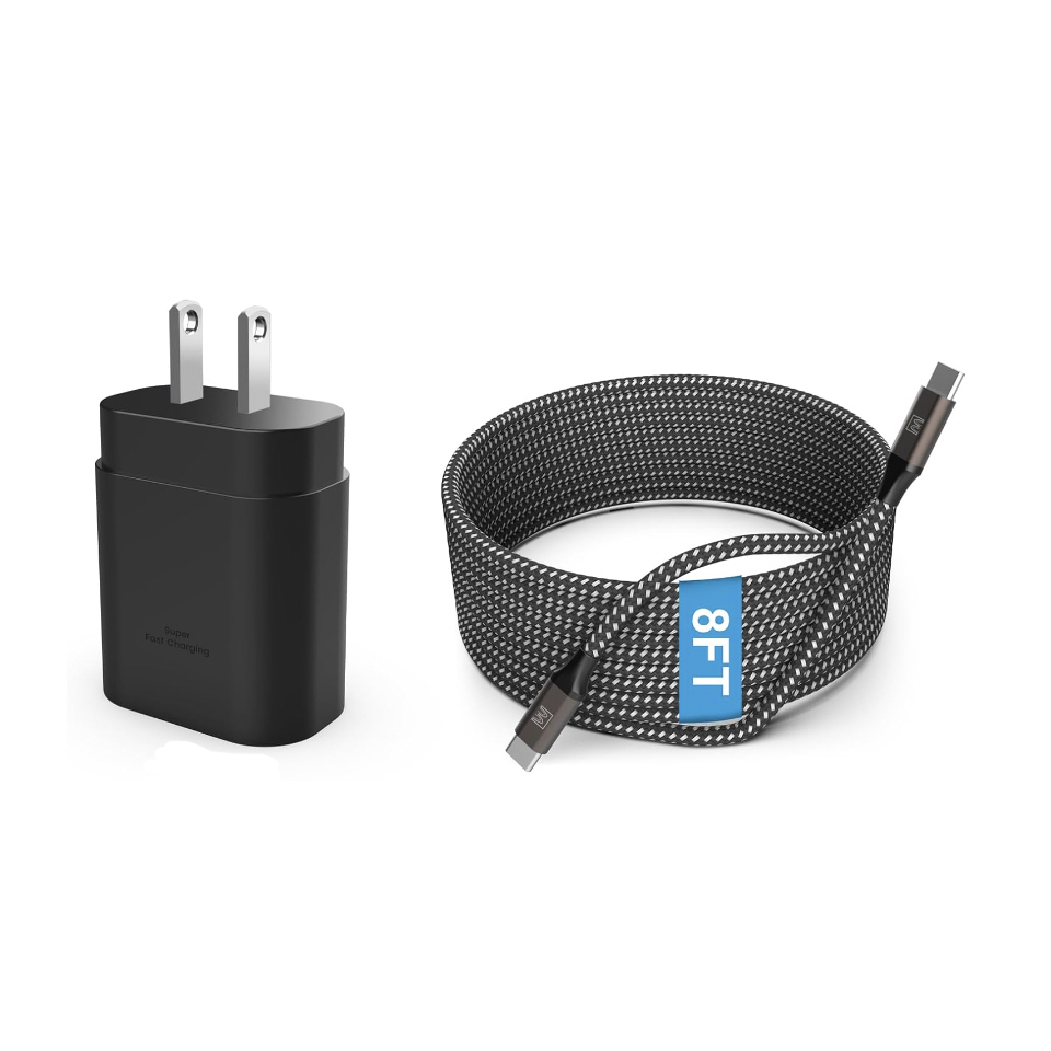 Two black USB-C wall chargers with prongs for a power outlet, accompanied by a durable braided cable labeled \“8T1.\“