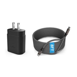 Two black USB-C wall chargers with prongs for a power outlet, accompanied by a durable braided cable labeled \“8T1.\“