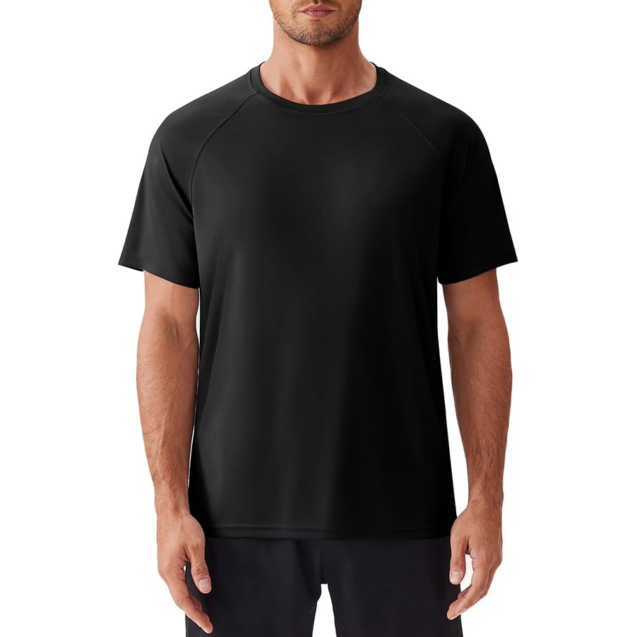 A black, short-sleeve, men’s sun-protection shirt with a crew neck and raglan sleeves, designed for comfort and coverage.