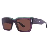 Calvin Klein square sunglasses with a purple and green frame, featuring brown lenses and a subtle logo on the temples.