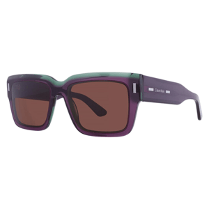 Calvin Klein square sunglasses with a purple and green frame, featuring brown lenses and a subtle logo on the temples.