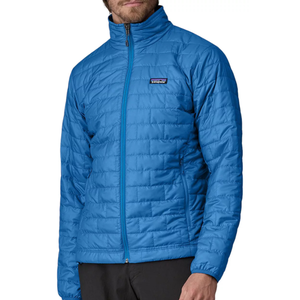 Blue Patagonia Men's Nano Puff Jacket with a brick quilted pattern, full front zip, high collar, and two zippered side pockets. Made from lightweight, insulated material for warmth and comfort.