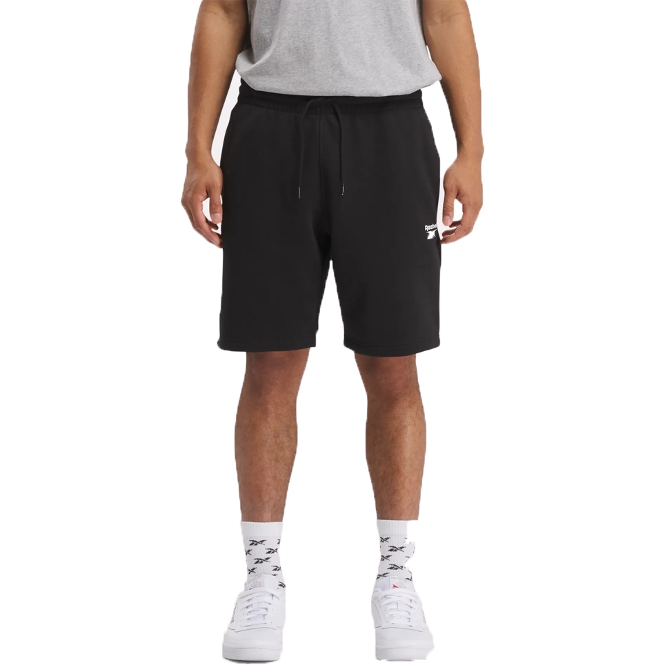 Black fleece shorts with an adjustable drawstring waist, reaching above the knee, featuring side pockets and a casual fit.