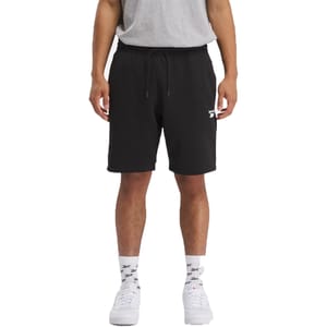 Black fleece shorts with an adjustable drawstring waist, reaching above the knee, featuring side pockets and a casual fit.