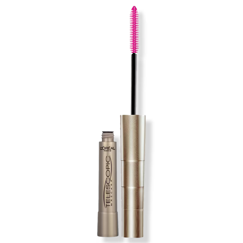 L'Oréal Paris Telescopic Original Washable Mascara features a gold tube with black and pink brush. Designed for lengthening and defining lashes.
